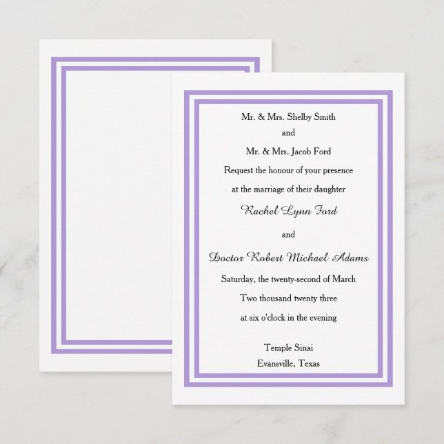 Dubbla Lavender Trim - 3 x 5 bröllopsinbjudan Inbjudningar (Fram/baksida)