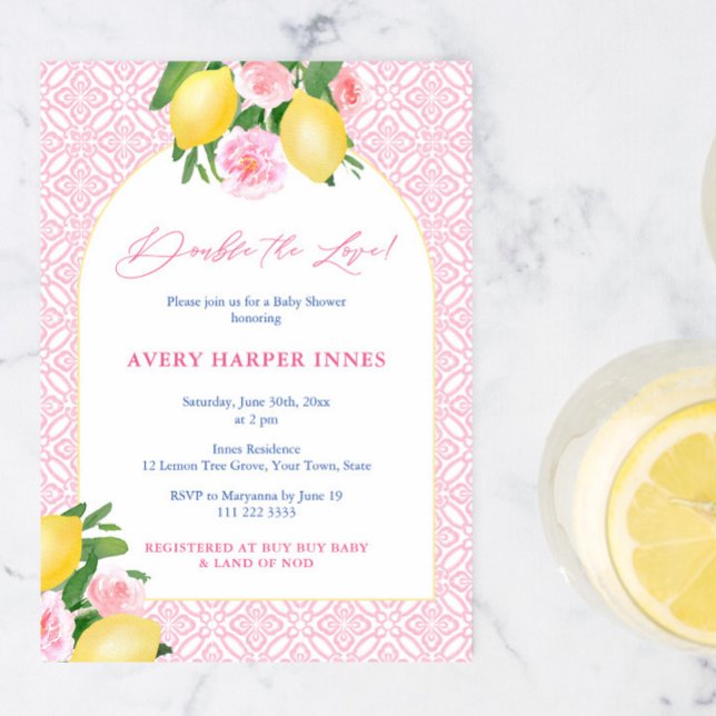 Dubbla Lemons Rosa Twin Girls Baby Shower Inbjudningar (Double The Love Italian Lemons With Pink Tiles Baby Shower Invitation For Twin Girls)