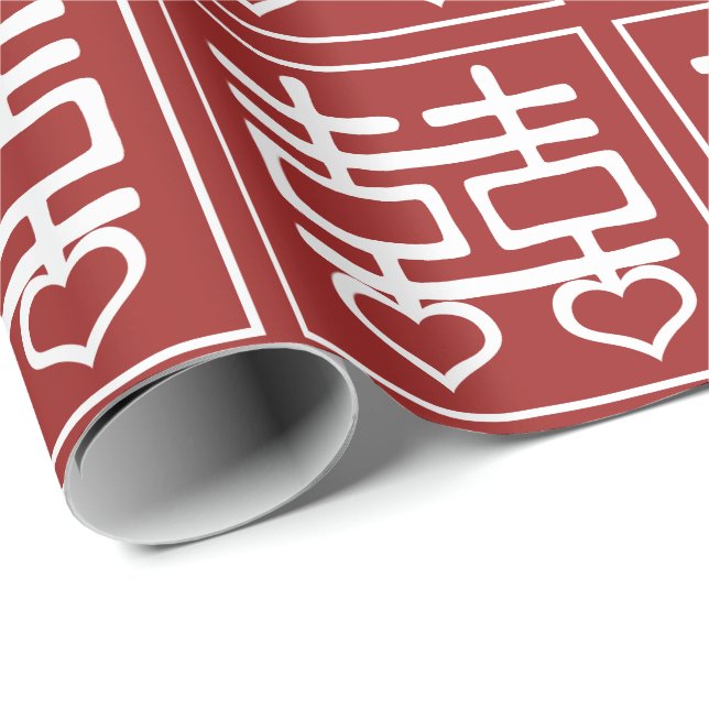 Dubbla lycka Kinesisk Bröllop Heart-detalj V1 Presentpapper (Rullad Hörn)