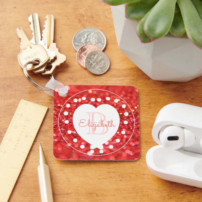 Dubbla Monogram Coral Glitter White Heart Nyckelring (Skrivbord)