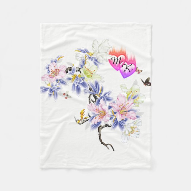 Dubbla Monogram FlamHearter med blommor Fleecefilt (Framsidan)