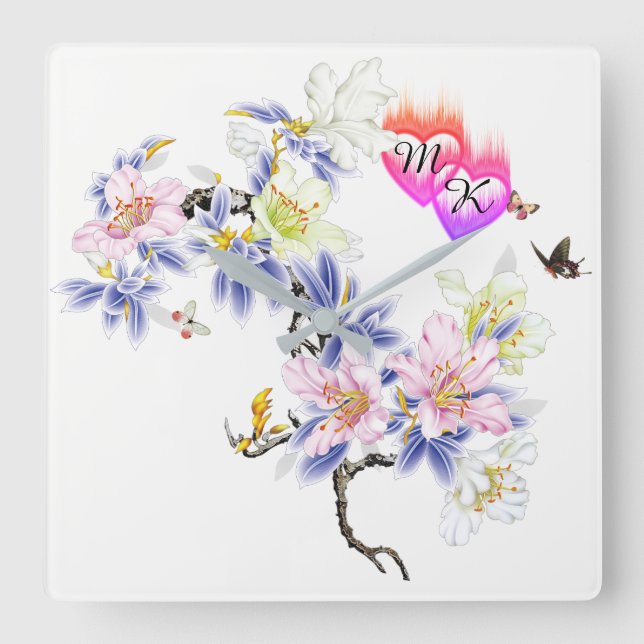 Dubbla Monogram FlamHearter med blommor Fyrkantig Klocka (Framsida)