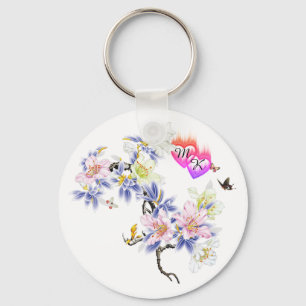 Dubbla Monogram FlamHearter med blommor Nyckelring