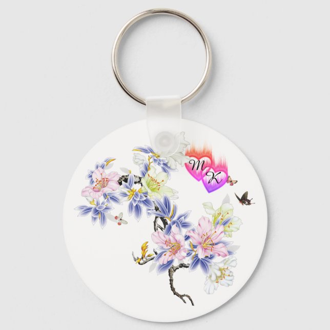 Dubbla Monogram FlamHearter med blommor Nyckelring (Framsida)