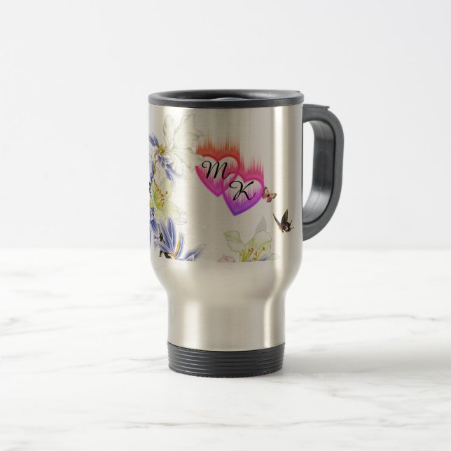 Dubbla Monogram FlamHearter med blommor Resemugg (Framsida höger)