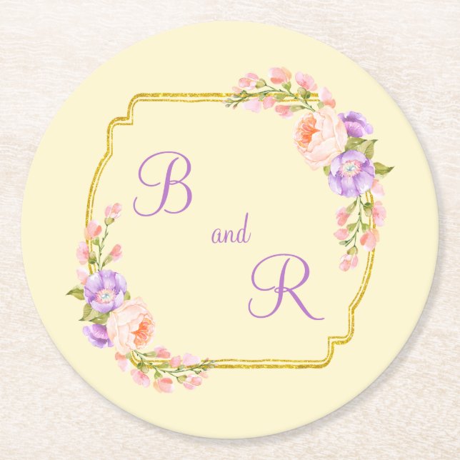 Dubbla monogram inledande Guld Ram med blommiga La Underlägg Papper Rund (Framsidan)