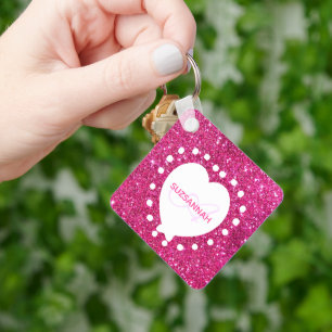 Dubbla Monogram Rosa Glitter White Heart Nyckelring