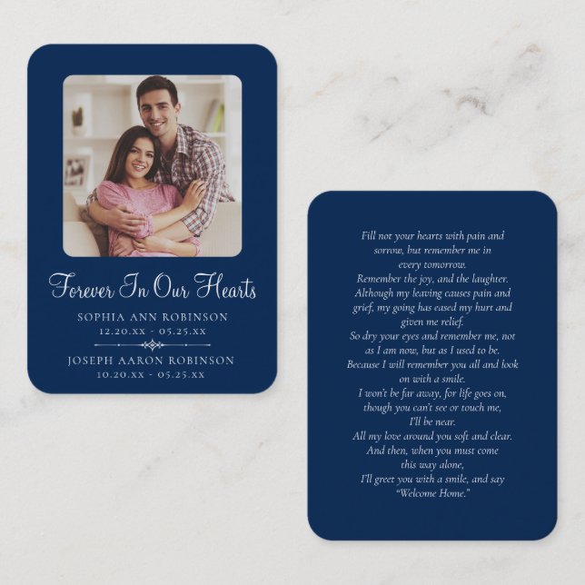 Dubbla Photo Memorial Funeral Blue Prayer Card Visitkort (Fram/baksida)