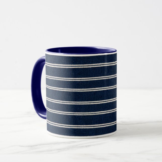 Dubbla randiga Navyblå Elfenbensvävd Look Mugg (Framsida vänster)