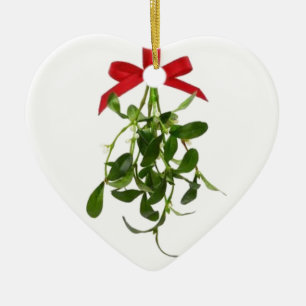 **DUBBLA SIDAT MISTLETOE** HJÄRTA SKILD JULGRANSPRYDNAD KERAMIK