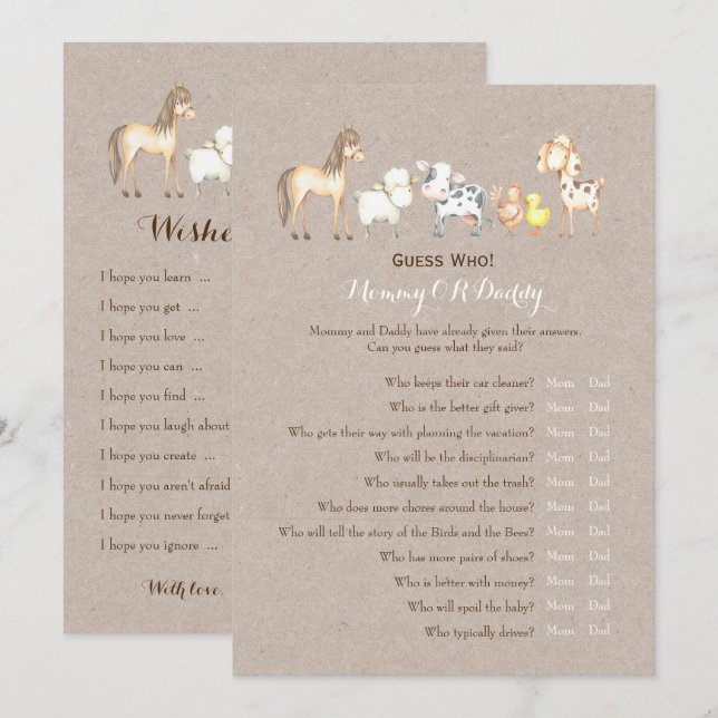 Dubbla Side - Önskemål för babyspel | Gissa vem Inbjudningar (Fram/baksida)