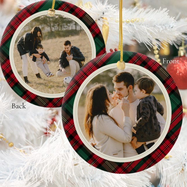 Dubbla Side Photos Elegant Grönt Red Play Julgransprydnad Keramik (Double Sided Photos Elegant Green Red Plaid Ceramic Ornament)