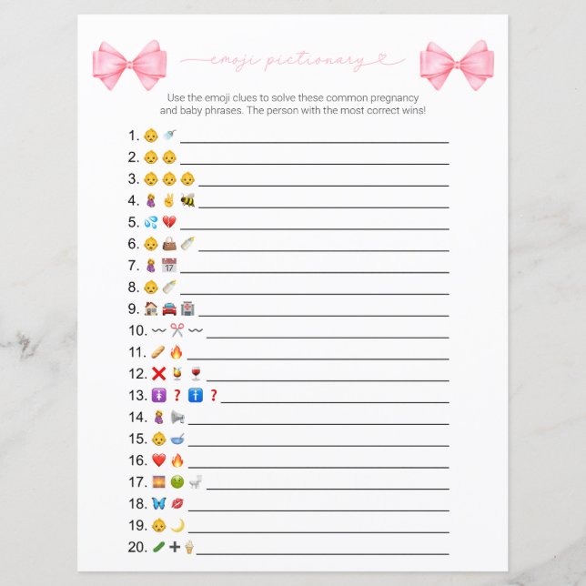 Dubbla Side Rosa Bow Emoji Baby Shower Game Card (Framsida)
