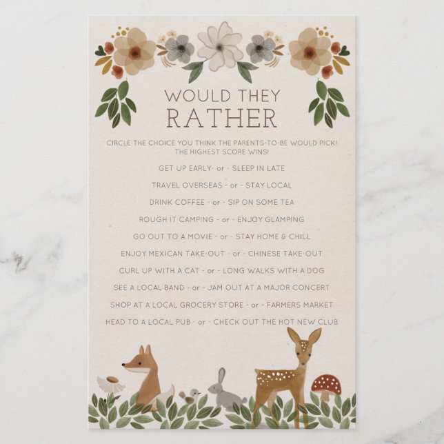Dubbla Sided Baby Shower Games Modern Woodland (Framsida)
