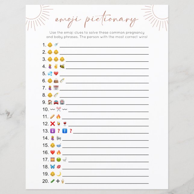 Dubbla Sided Boho Sol Emoji Baby Shower Game Card (Framsida)