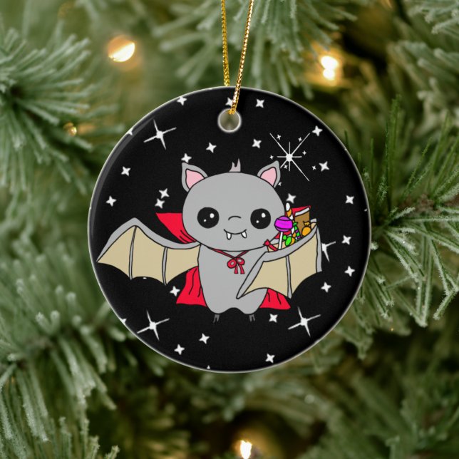 Dubbla Sided Halloween Fladdermus och utfall eller Julgransprydnad Keramik (Träd)