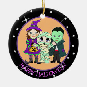 Dubbla Sided Halloween Kids and Fladdermus Keepsak Julgransprydnad Keramik