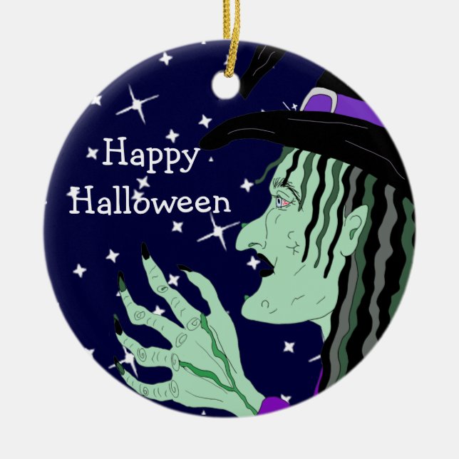 Dubbla Sided Halloween Witches Keepsak Julgransprydnad Keramik (Framsidan)