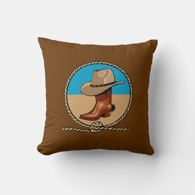 Dubbla Sided Rodeo Brown CowboyBoots and Hat Kudde (Framsida)