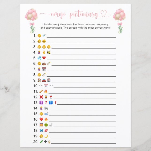 Dubbla Sided Rosa Balloons Emoji Pictionary Game (Framsida)