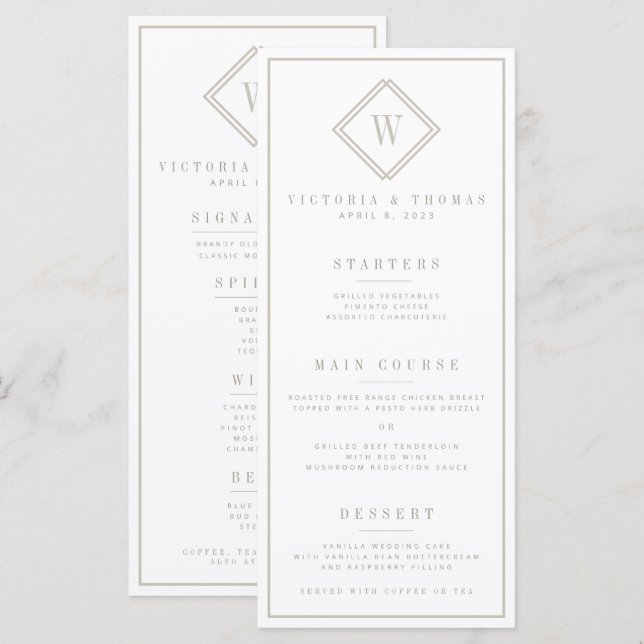 Dubbla-sidig vit/ige-minimalistisk menu Bröllop Meny (Fram/baksida)