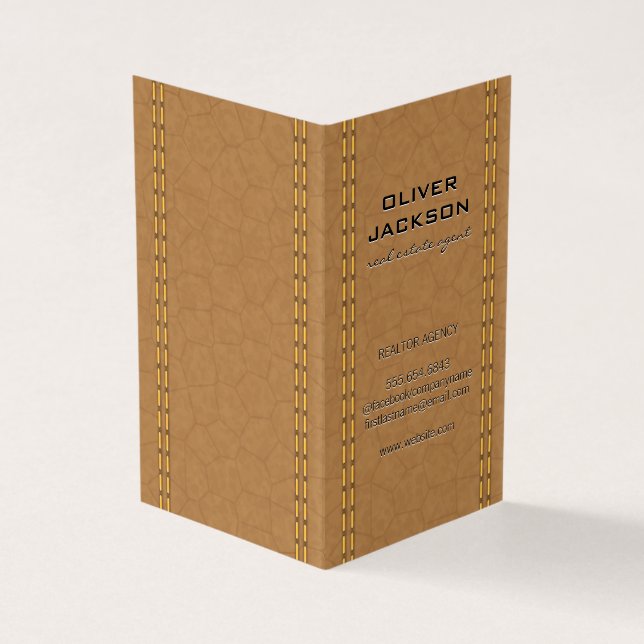 Dubbla Stitched Tan Leather Visitkort (Utsida)