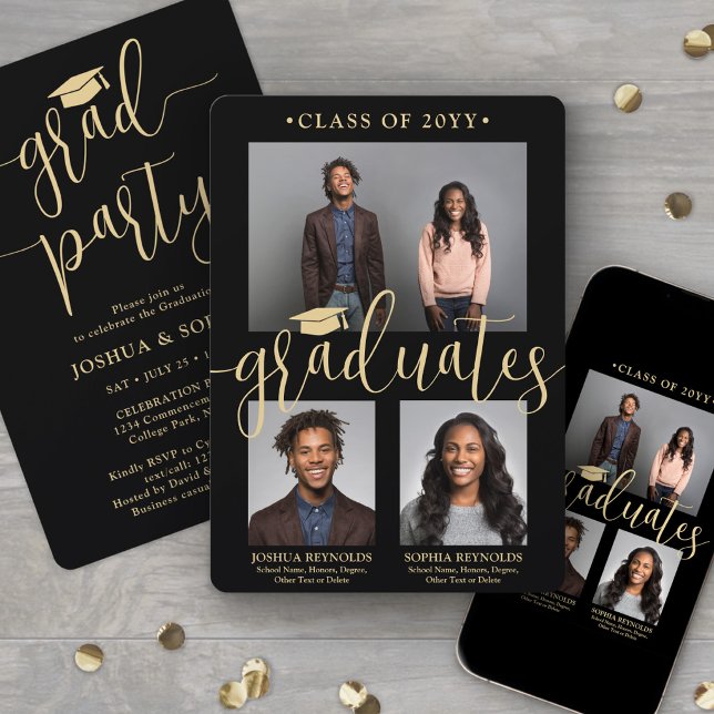 Dubbla Studenten 2 Grad Black & Guld Joint Photo Inbjudningar (Skapare uppladdad)