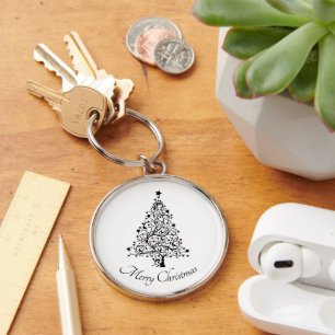 Dubbla svarta och vita minimalistiska Julgranar Rund Silverfärgad Nyckelring