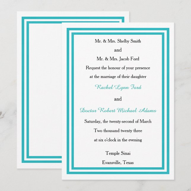 Dubbla Teal Trim -5x7bröllopsinbjudan Inbjudningar (Fram/baksida)