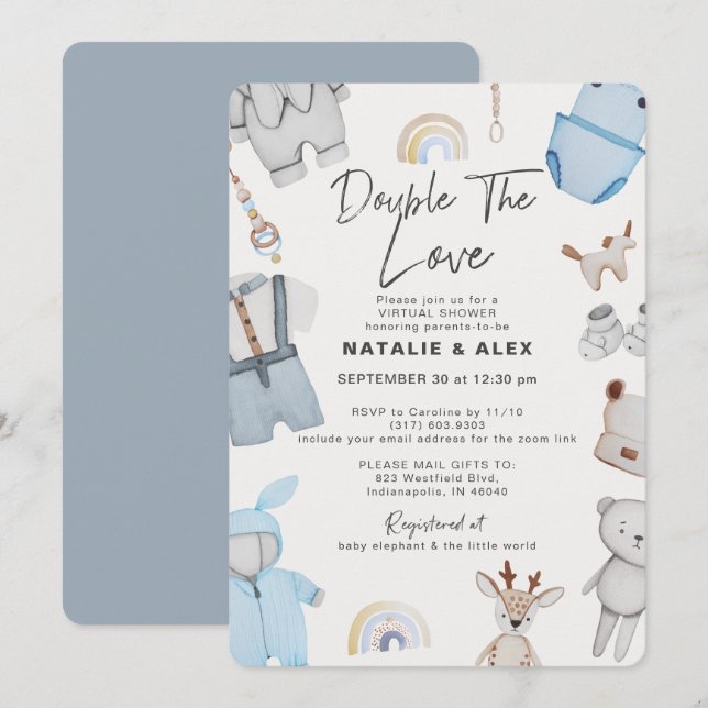 Dubbla Trouble Clothes Twin Boy Virtuell Shower In Inbjudningar (Fram/baksida)