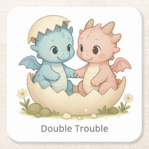 Dubbla Trouble Fantasy Twin Baby Dragons Underlägg Papper Kvadrat