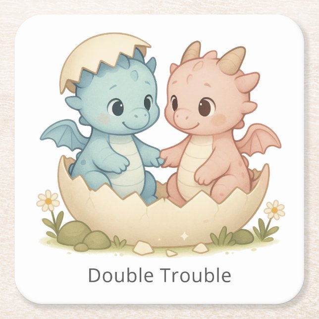 Dubbla Trouble Fantasy Twin Baby Dragons Underlägg Papper Kvadrat (Framsidan)