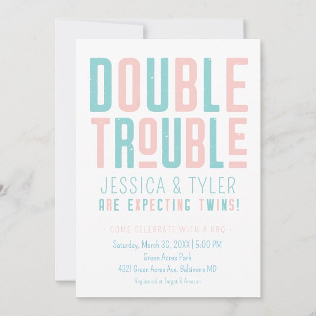 Dubbla Trouble Twin Boy/Girl Baby Shower Inbjudningar (Framsida)