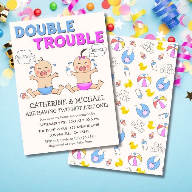 Dubbla Trouble Twin Boy & Girl Baby Shower Inbjudningar (Skapare uppladdad)