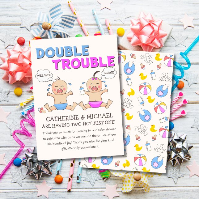 Dubbla Trouble Twin Boy & Girl Baby Shower Tack Kort (Skapare uppladdad)