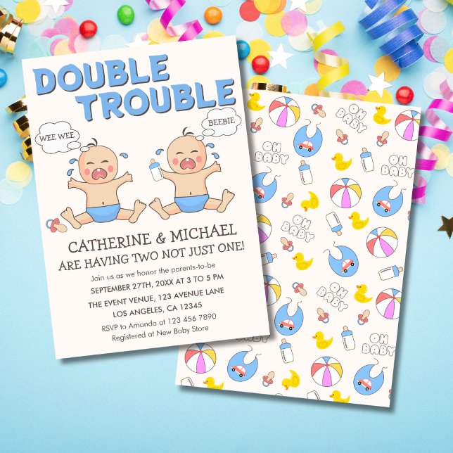 Dubbla Trouble Twin Boys Baby Shower Inbjudningar (Skapare uppladdad)