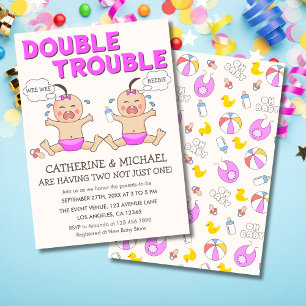 Dubbla Trouble Twin Girls Baby Shower Inbjudningar
