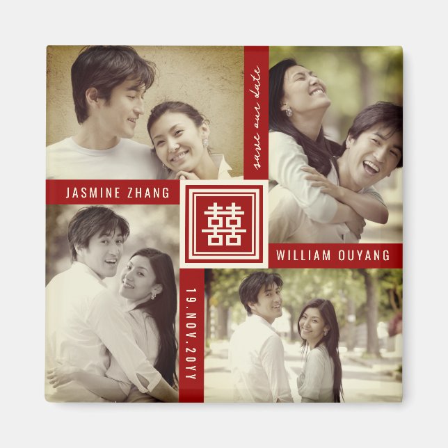 Dubbla Xi Kinesiska Bröllop 4 - fotospara datum Magnet (Framsidan)