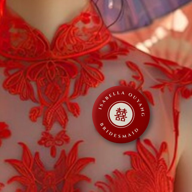 Dubbla Xi kinesiska Bröllopsfesten i klassiskt cir Knapp (BRIDESMAID Classic Circle Double Happiness Chinese Wedding Party Pinback Button @ fatfatin_red_knot)