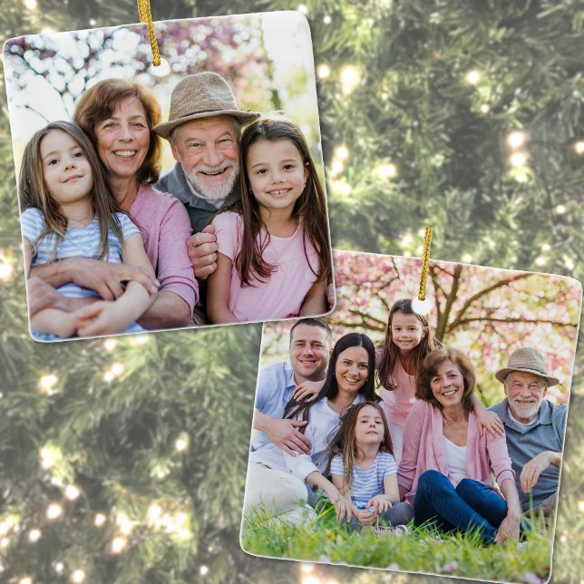 Dubblan anpassningsbar Sida Family Two Photo jul Julgransprydnad Keramik (Custom Double Sided Family Two Photo Christmas Ceramic Ornament)