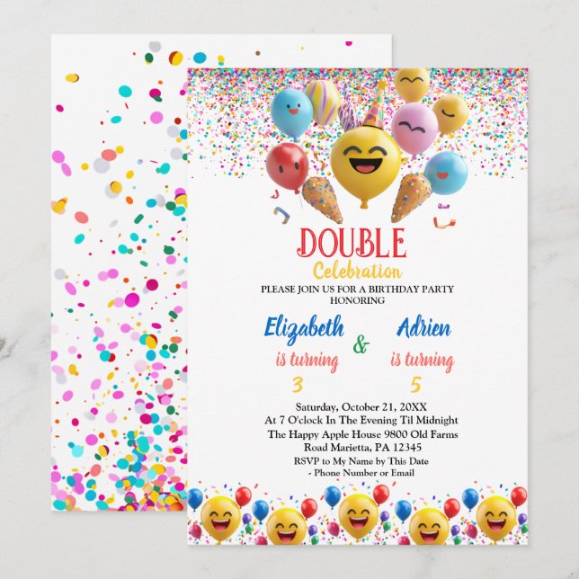 Dubblan Gemensamt födelsedag för nyttigt färgnygg  Inbjudningar (Fram/baksida)