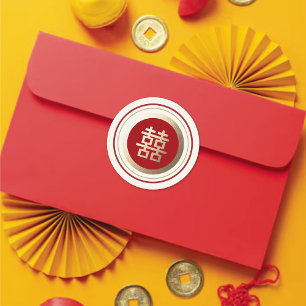 Dubblan Red & Guld Ram Happity Chinese Bröllop Runt Klistermärke