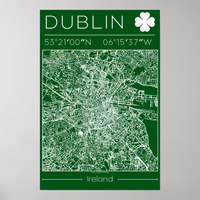 Dublin Grön Karta Affisch Minimal Väggkonst Irland (Framsidan)