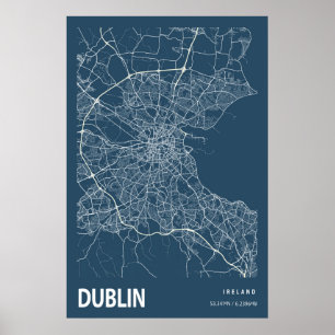 Dublin Ireland City Karta Line Art Blue Print Poster