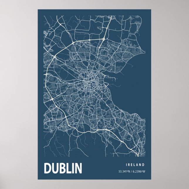 Dublin Ireland City Karta Line Art Blue Print Poster (Framsidan)