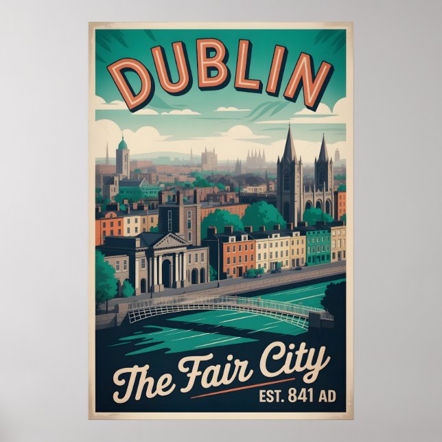 Dublin Irland Retro Stadsscenariot Resa Poster (Framsidan)