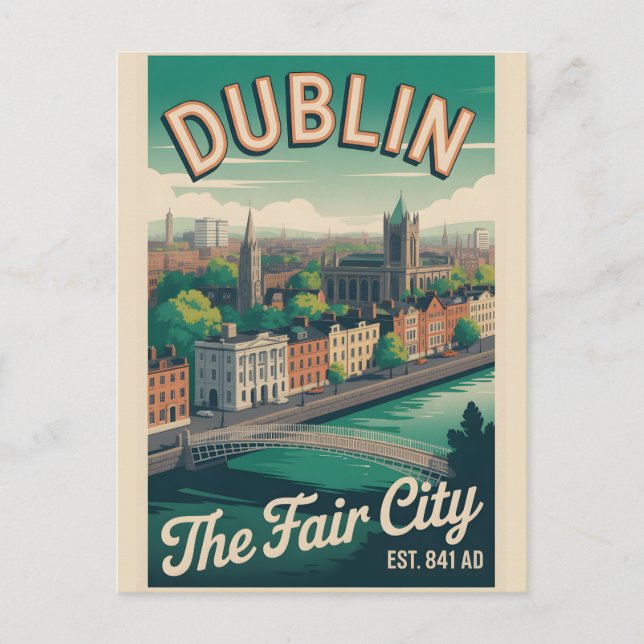 Dublin Irland Retro Stadsscenariot Resa Vykort (Framsida)