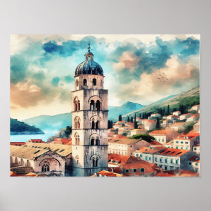 Dubrovnik Kroatien Bell Torn vattenfärg Poster
