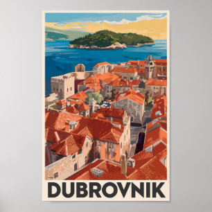 Dubrovnik Kroatien Illustration Travel Art Vintage Poster