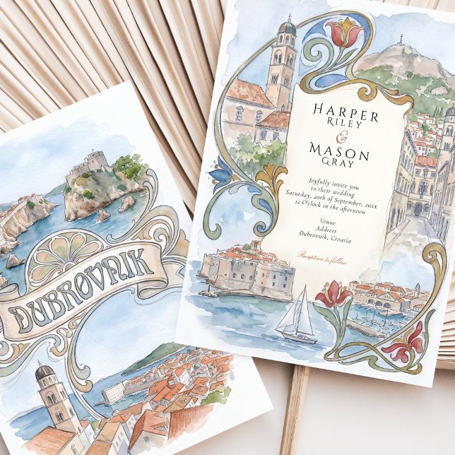 Dubrovnik Kroatien Landmärken Akvarell Bröllop Inbjudningar (Skapare uppladdad)